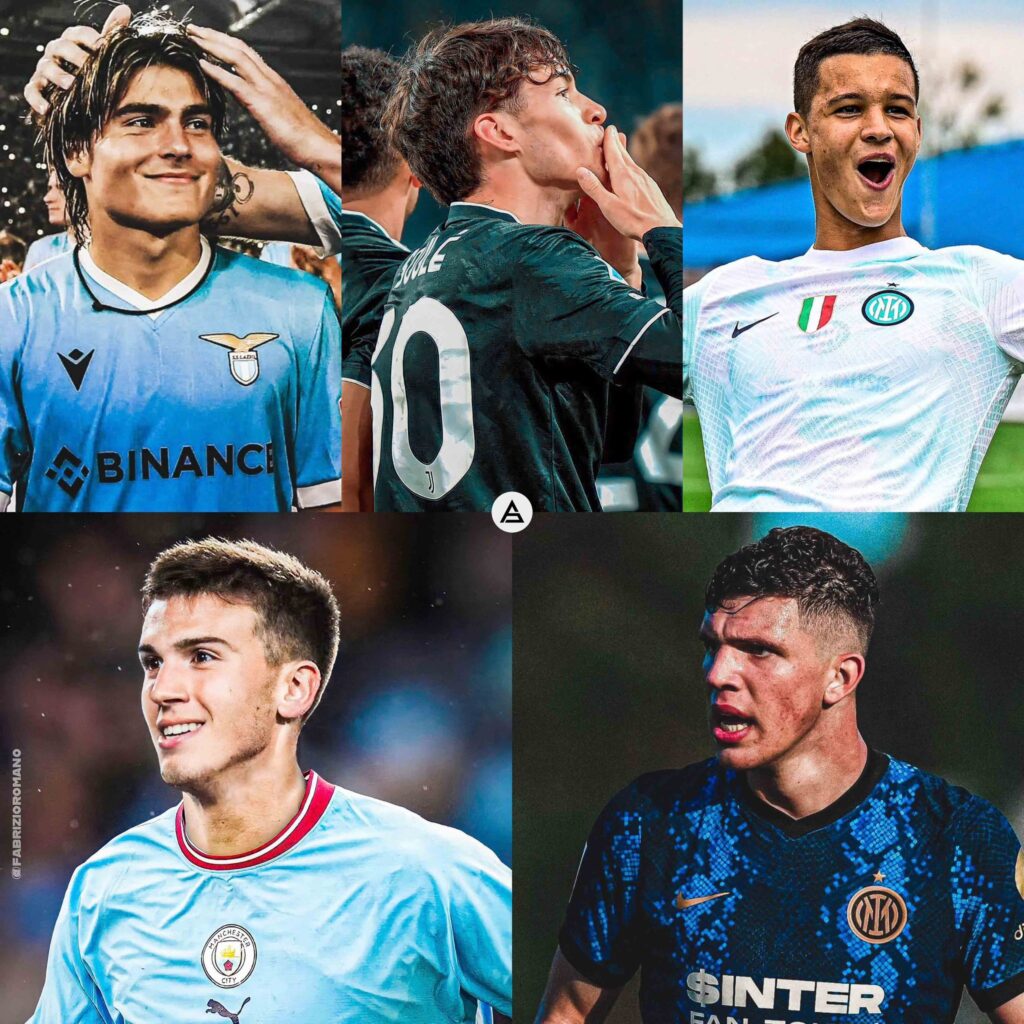 La Selección Argentina  Matías Soulé, Máximo Perrone, Valentín Carboni, Franco Carboni y Luka Romero