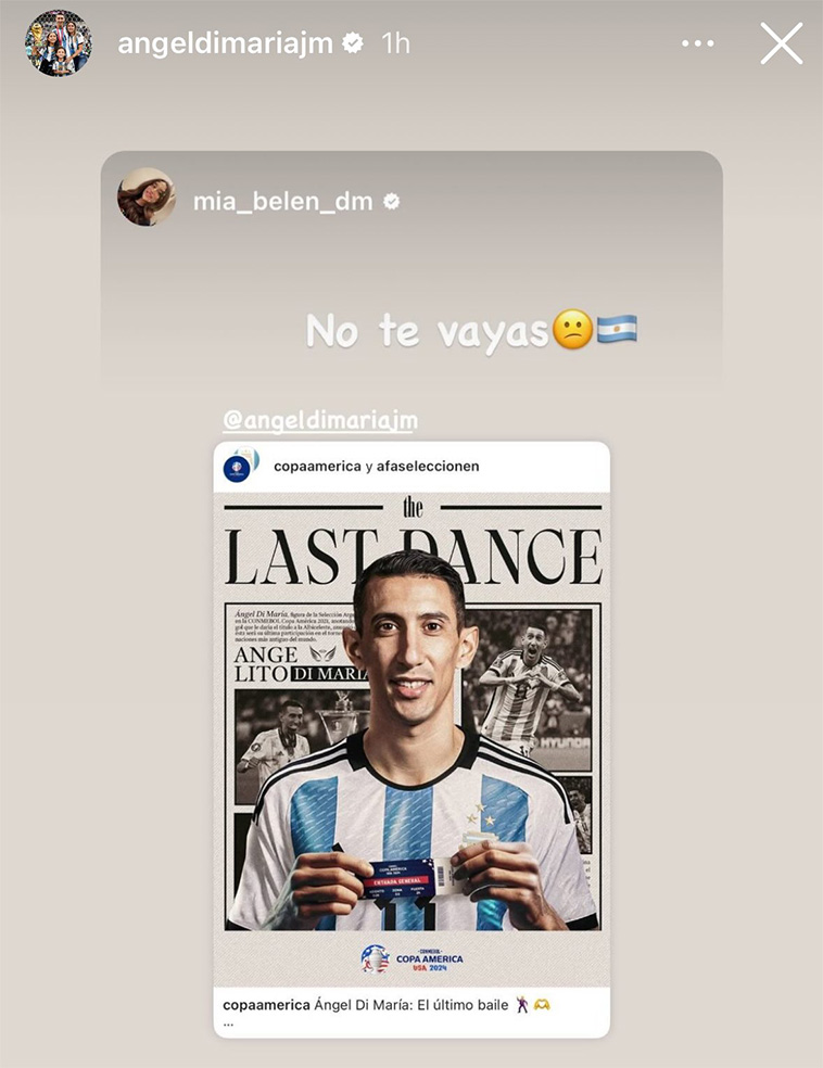 Ángel Di María reposteó la historia de su hija en Instagram